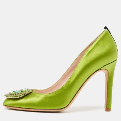 Sjp Sarah Jessica Parker Green Satin Crystal Embellished Pumps
