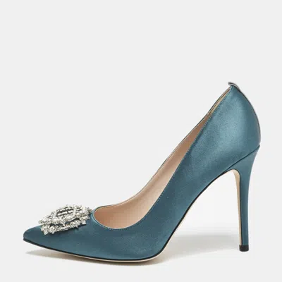 Pre-owned Sjp Sarah Jessica Parker Green Satin Crystals Pumps Size 38