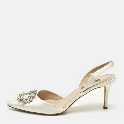 Pre-owned Sjp Sarah Jessica Parker Mabel Size 38.5 White Satin Slingback Pumps