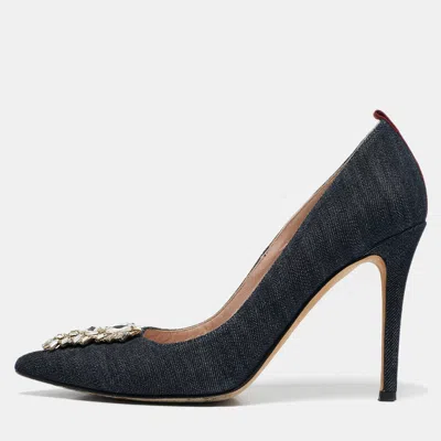 Sjp Sarah Jessica Parker Navy Blue Denim Crystal Embellished Pointed Toe Pumps