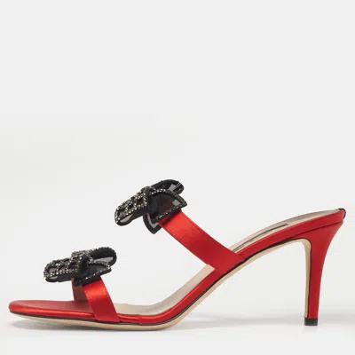 Pre-owned Sjp Sarah Jessica Parker Red Satin Crystal Embellished Bow Slide Sandals Size 38.5