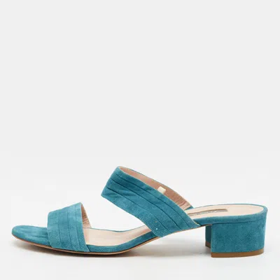 Pre-owned Sjp Sarah Jessica Parker Size 40 Teal Blue Suede Slide Sandals