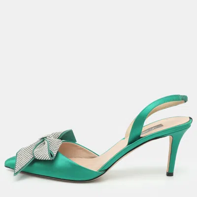 Pre-owned Sjp Sarah Jessica Parker Sjp By Sarah Jessica Parker Emmaneul Size 38.5 Green Crystals And Satin Pumps