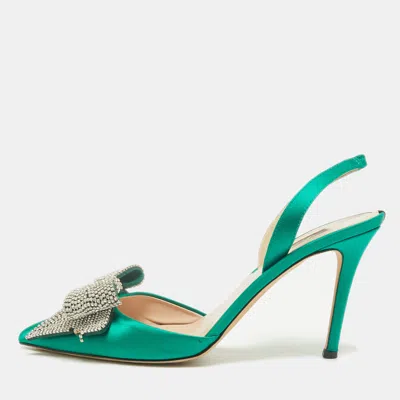 Pre-owned Sjp Sarah Jessica Parker The Lj Recital Size 37.5 Green Satin Bow Crystal Embellished Slingback Pumps