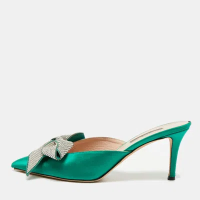 Pre-owned Sjp Sarah Jessica Parker The Lj Recital Size 38 Green Satin Bow Crystal Embellished Mules