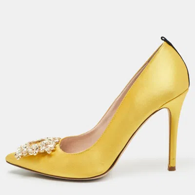 Pre-owned Sjp Sarah Jessica Parker Yellow Satin Crystal Embellished Pumps Size 37