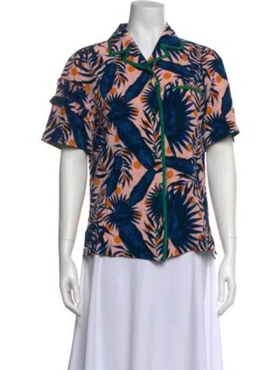 Pre-owned Sjyp Printed Short Sleeve Button-up Top In Blue