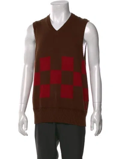 Pre-owned S.k. Manor Hill Plaid Print V-neck Sweater Vest In Brown