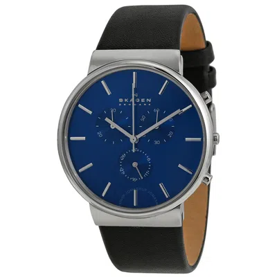 Skagen Ancher Chronograph Blue Dial Black Leather Men's Watch Skw6105 In Blue/silver Tone/black