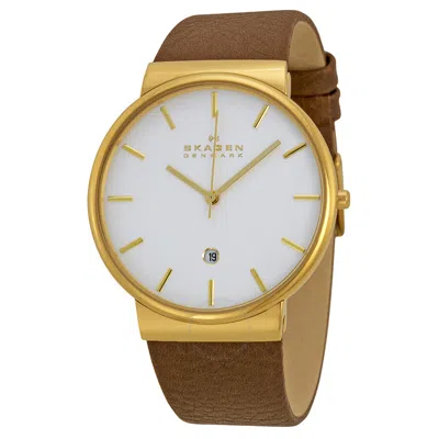 Skagen Ancher White Dial Brown Leather Men's Watch Skw6142 In Brown/white/gold Tone