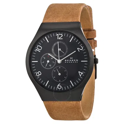 Skagen Grenen Multi-function Black Dial Brown Leather Men's Watch Skw6114 In Brown/silver Tone/black