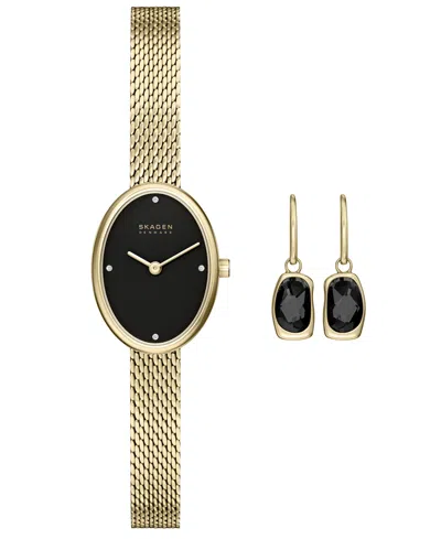 Skagen Women's Quartz Anita Oval Gold-tone Stainless Steel Mesh Watch 20mm In Black