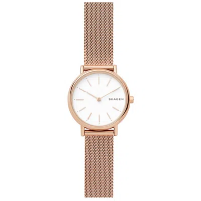 Skagen Women's Signatur Slim Rose Gold-tone Stainless Steel Mesh Bracelet Watch 30mm In Rose Gold/ White/ Rose Gold