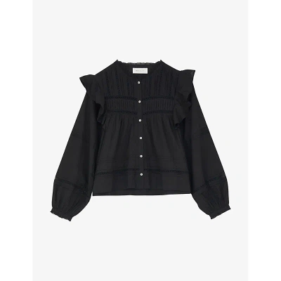 Skall Studio Womens Black Courtesy Ruffle-trim Organic-cotton Shirt
