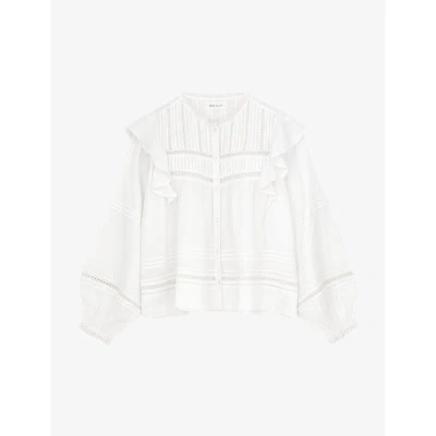 Skall Studio Womens Optic White Courtesy Ruffle-trim Organic-cotton Shirt