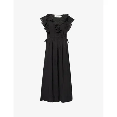 Skall Studio Womens Black Clea Ruffled Cotton Midi Dress