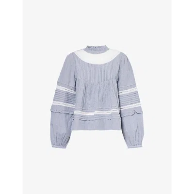 Skall Studio Womens Blue White Stripe Belle Embroidered Striped Cotton Blouse