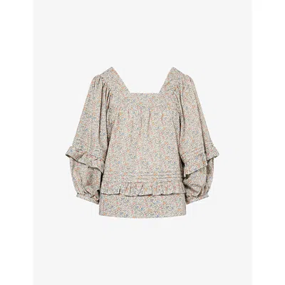 Skall Studio Womens Flower Field Hope Puff-sleeve Cotton Blouse