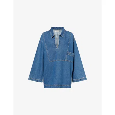 Skall Studio Womens Slouchy Blue Norma Tunic Open-neck Cotton Denim Top
