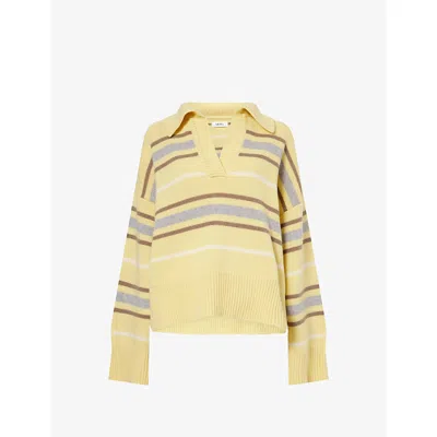 Skall Studio Womens Yellow Grey Stripe Paul V-neck Wool Jumper