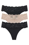 Skarlett Blue 3-pack Goddess Lace Thongs In Black/beige/black