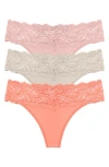 Skarlett Blue 3-pack Goddess Lace Thongs In Coral/dove/pink