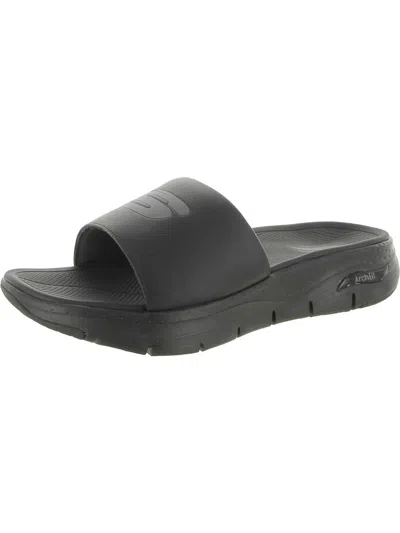 Skechers Mens Faux Leather Cushioned Footbed Slide Sandals In Black