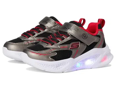 Skechers Meteor-lights 401497l (little Kid/big Kid) Boy's Shoes Gunmetal/red : 4 Big Kid M, Synthetic/textile In Multi