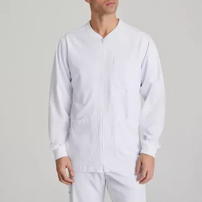 Skechers Sk0408 Structure 3-pocket Crewneck Warm-up Mens Tag Free Stretch Fabric Moisture Wicking Scrub Jacke In White