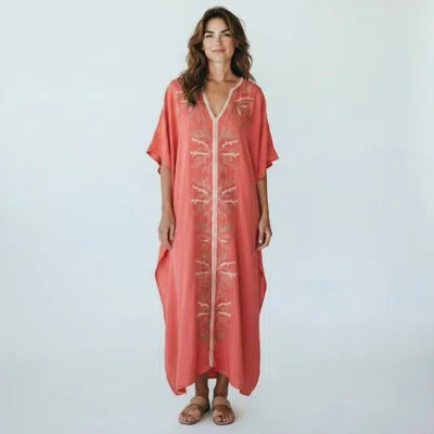 Skemo Long Kaftan Maxi Dress In Coral Reef In Orange