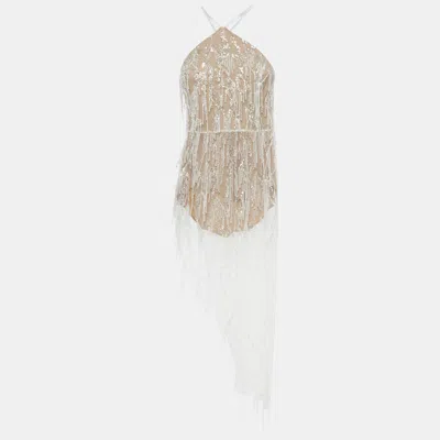 Pre-owned Sketch-y White Beaded Halter High Slit Holly Dress S