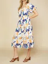 Skies Are Blue Abstract Botanical Midi Dress In Tangerine Navy In Multi