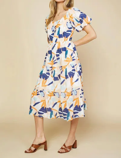 Skies Are Blue Abstract Botanical Midi Dress In Tangerine Navy In Multi