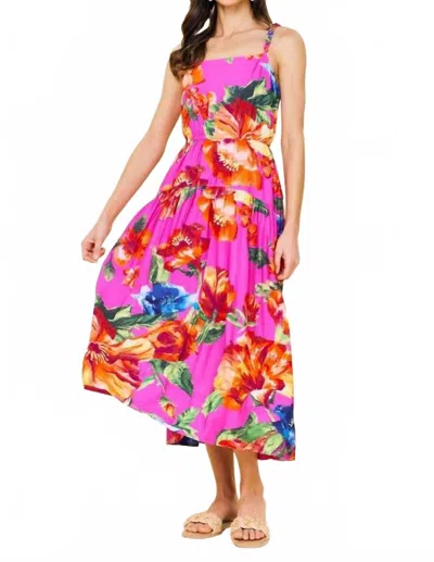 Skies Are Blue Braided Strap Floral Print Midi Dress In Magenta In Pink