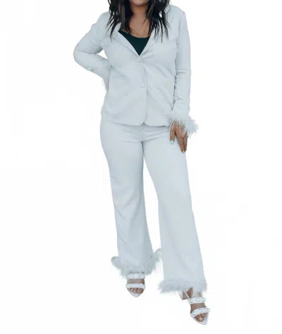 Skies Are Blue Business Baddie Feather Cuff Straight Pants In Cream In Blue