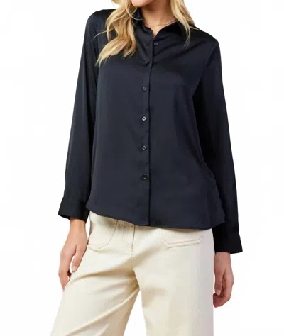 Skies Are Blue Classic Button Down Long Sleeve Blouse In Black In Blue