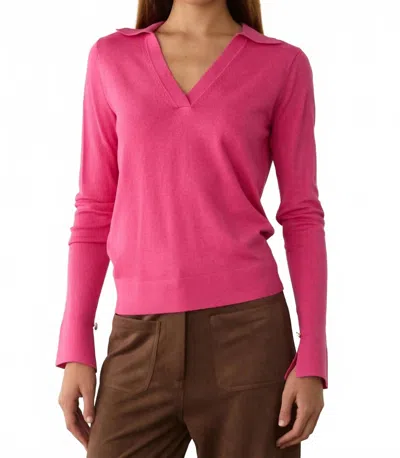 Skies Are Blue Collared V Neck Sweater Top In Hot Pink