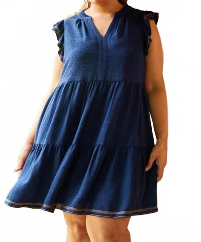 Skies Are Blue Contrast Stitch Tiered Babydoll Dress In Navy In Blue