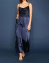 Skies Are Blue Cowl Neck Satin Jumpsuit In Navy In Blue