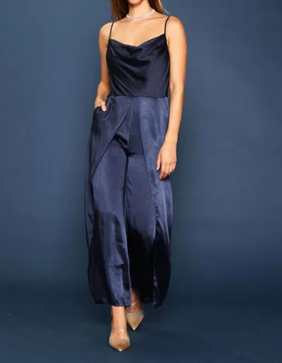 Skies Are Blue Cowl Neck Satin Jumpsuit In Navy In Blue