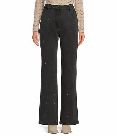 Skies Are Blue Denim Rhinestone High Rise Wide Leg Jeans In Charcoal