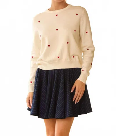 Skies Are Blue Embroidered Heart Sweater In White In Multi