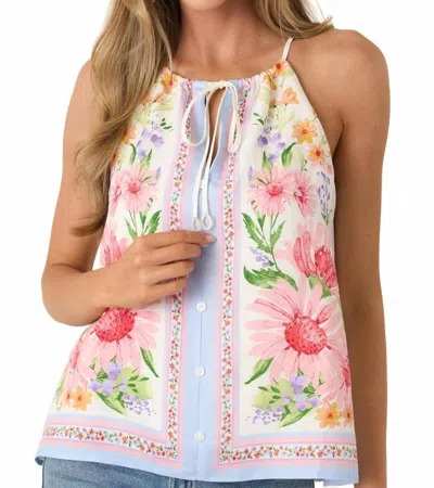 Skies Are Blue Floral Border Print Halter Top In White In Multi