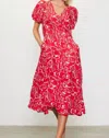 Skies Are Blue Puff Sleeve V-neck Midi Dress In Red Floral In Pink