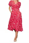Skies Are Blue Puff Sleeve V-neck Midi Dress In Red Floral In Red
