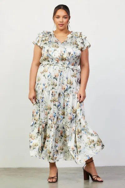 Skies Are Blue Floral Print Ruffled Short Sleeve Long Dress - Plus In Multi In Neutral
