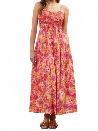 Skies Are Blue Floral Print Smocked Midi Dress In Red Floral In Pink