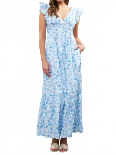 Skies Are Blue French Print Maxi Dress In Light Blue