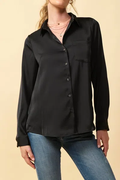 Skies Are Blue Heidi Silky Satin Button Down Collared Blouse In Black