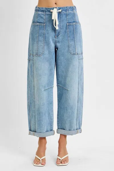 Skies Are Blue High Rise Crop Wide Barrel Cargo Pocket Cuffed Pants In Light Wash In Blue
